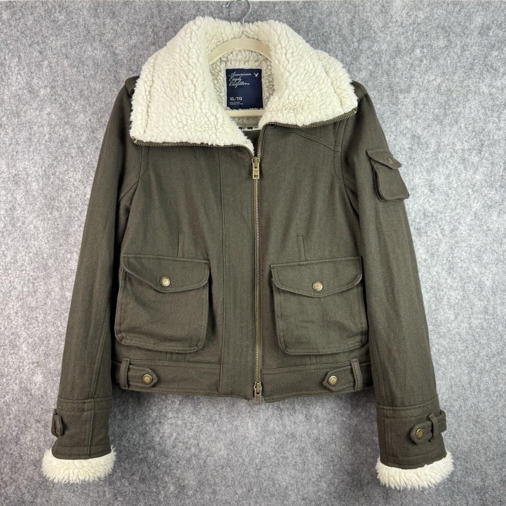 American Eagle Women's‎ XL Olive Green Moto Jacket Wool Blend Fleece Trim Y2K